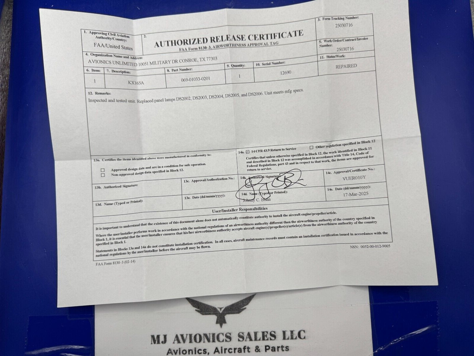 BENDIX/KING KX 165A 28 VDC P/N 069-01033-0201 WITH GLIDESLOPE WITH FAA FORM 8130