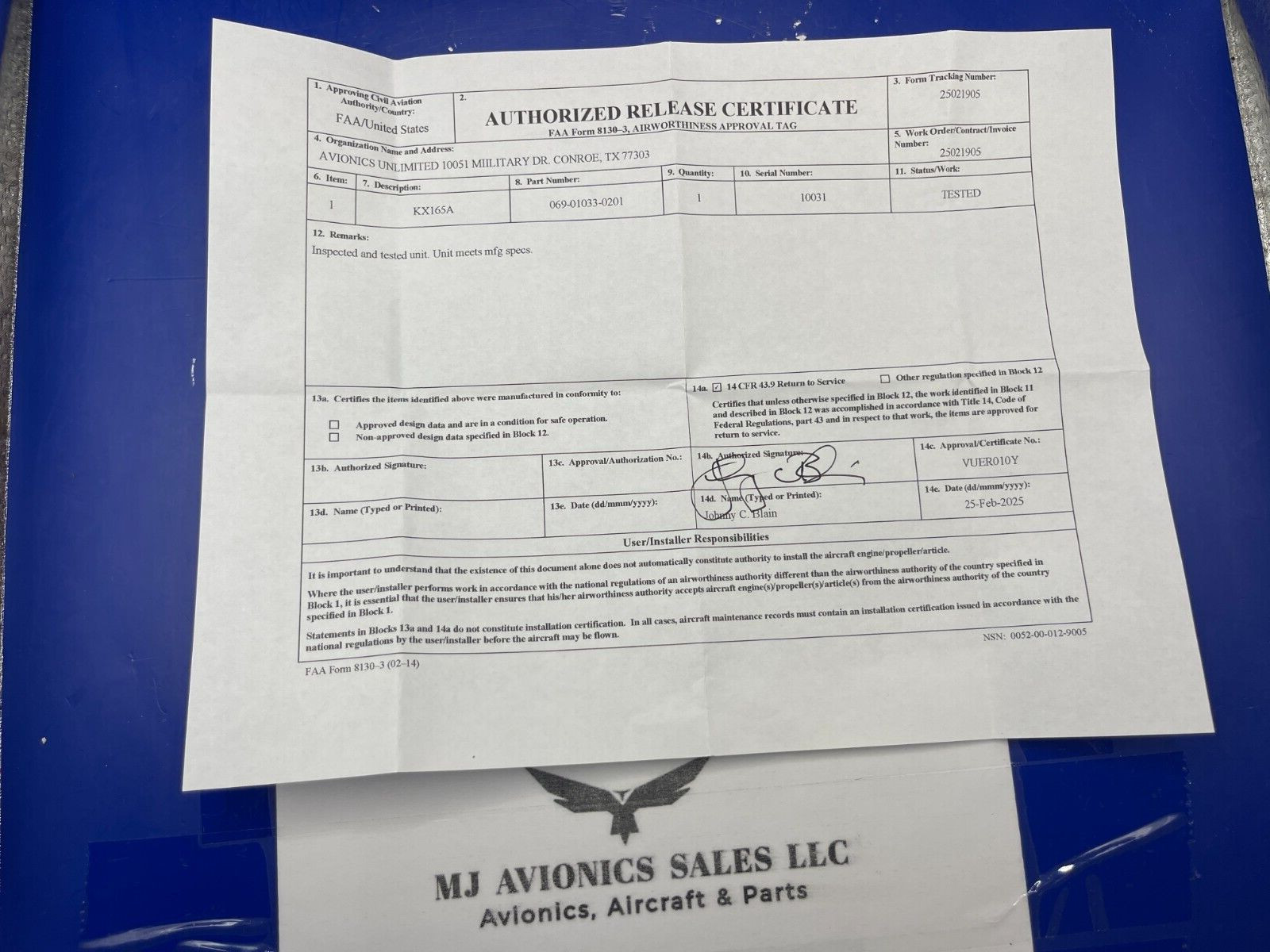 BENDIX/KING KX 165A 28 VDC P/N 069-01033-0201 WITH GLIDESLOPE WITH FAA FORM 8130