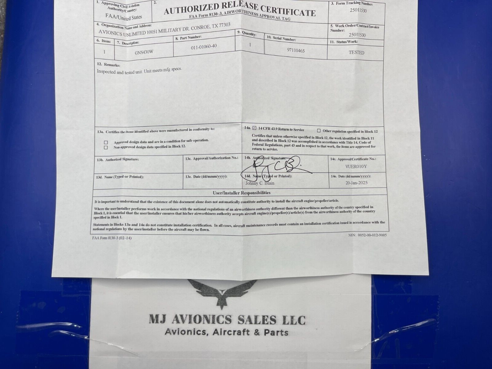GARMIN GNS 430W WAAS GPS/NAV/COMM 14/28 VDC P/N 011-01060-40 WITH FAA FORM 8130