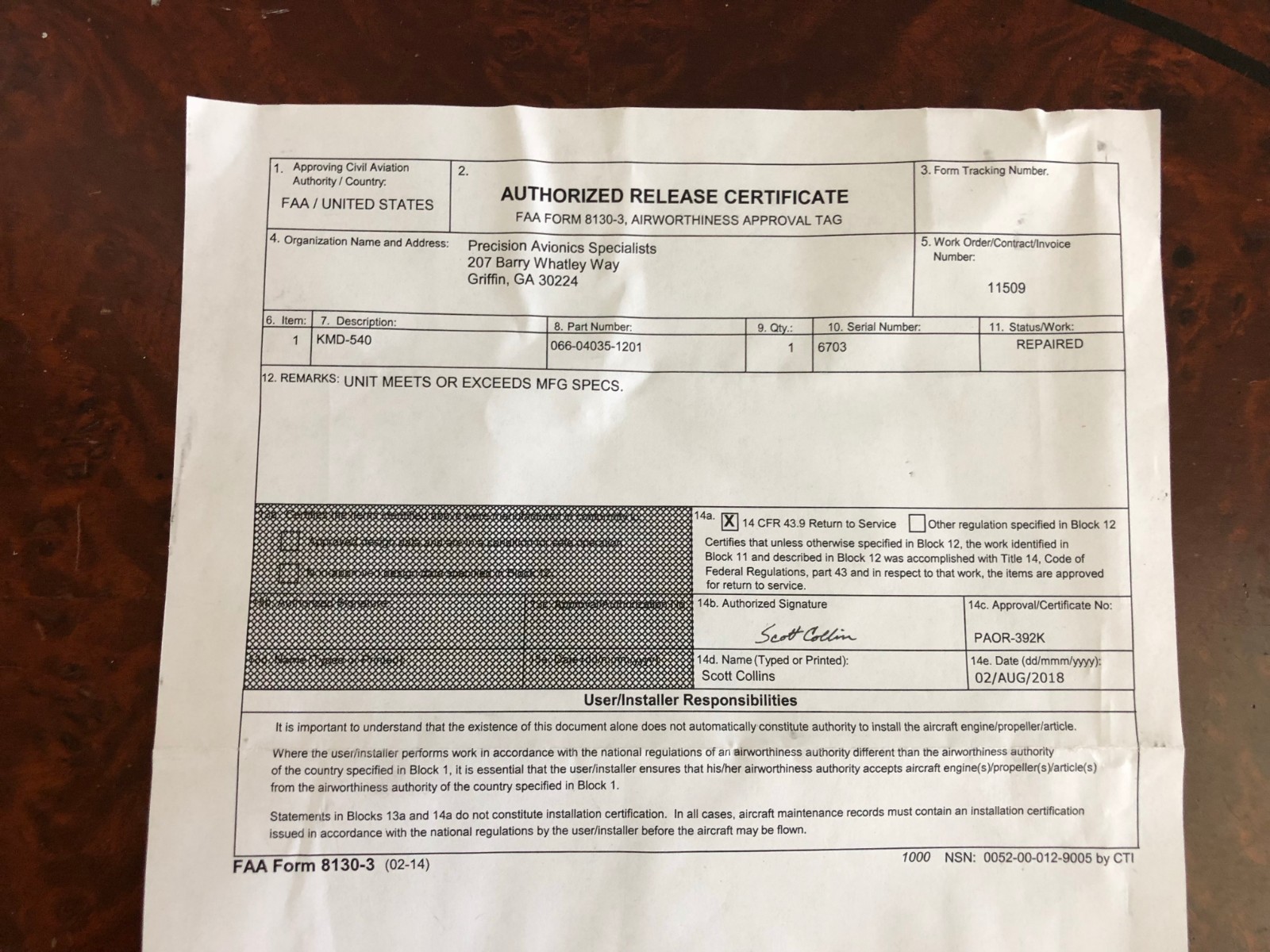 BENDIX/KING KMD-540 P/N 066-04035-0201 WITH KAC 501,502,503,504 MODULE FAA 8130