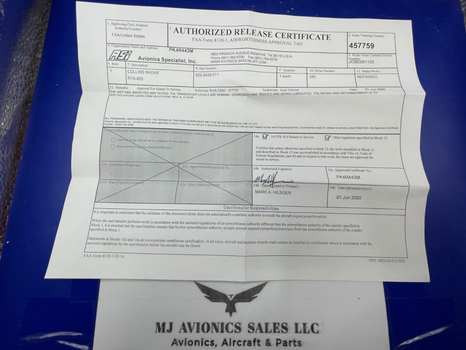 COLLINS Receiver/Transmitter/Antenna RTA 852 P/N 622-8439-011 WITH FAA FORM 8130