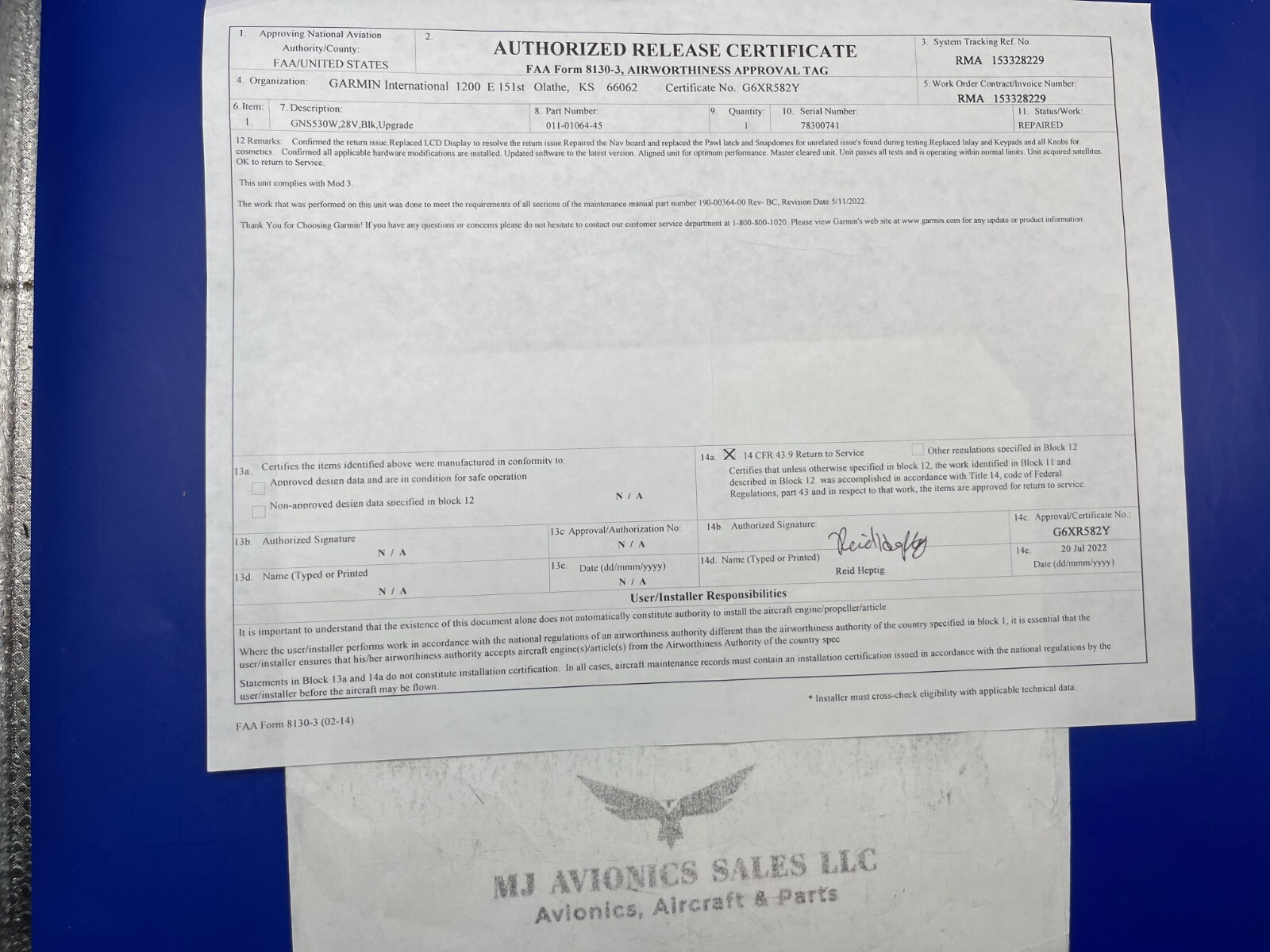 GARMIN GNS 530W WAAS GPS/NAV/COMM 28 VDC P/N 011-01064-45 WITH FAA FORM 8130