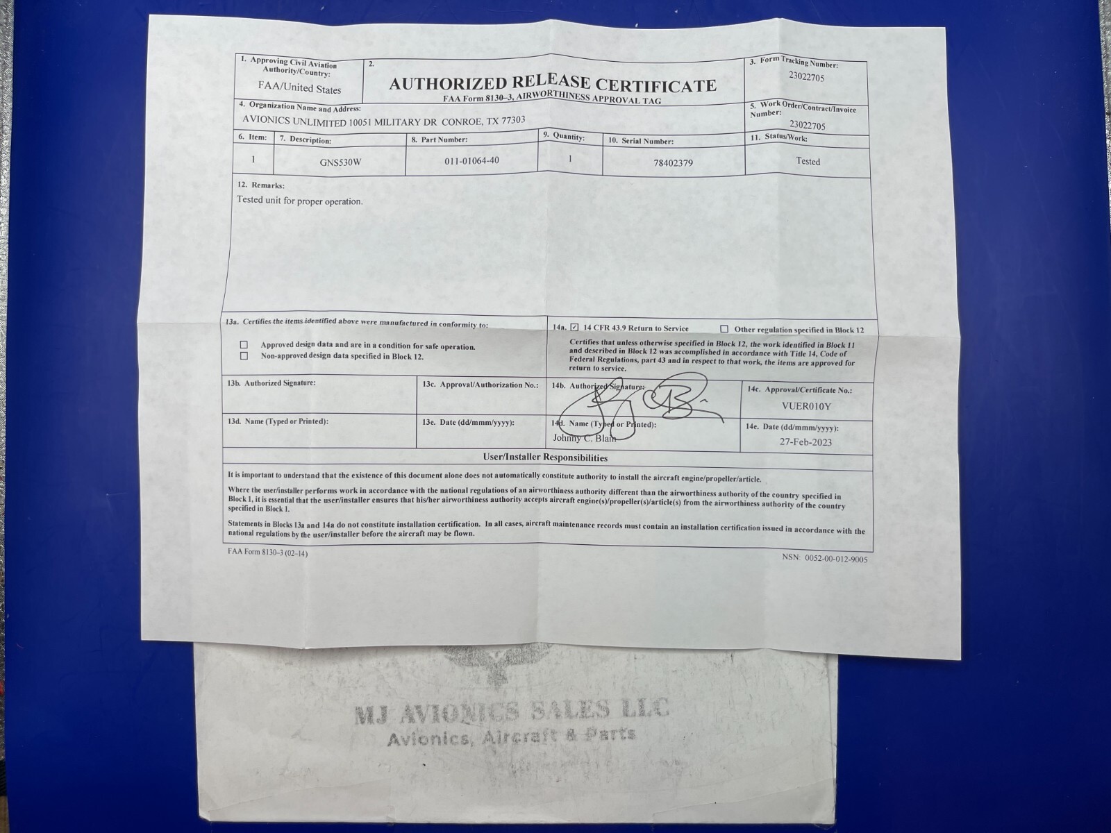 GARMIN GNS 530W WAAS GPS/NAV/COMM 14/28 VDC P/N 011-01064-40 WITH FAA FORM 8130