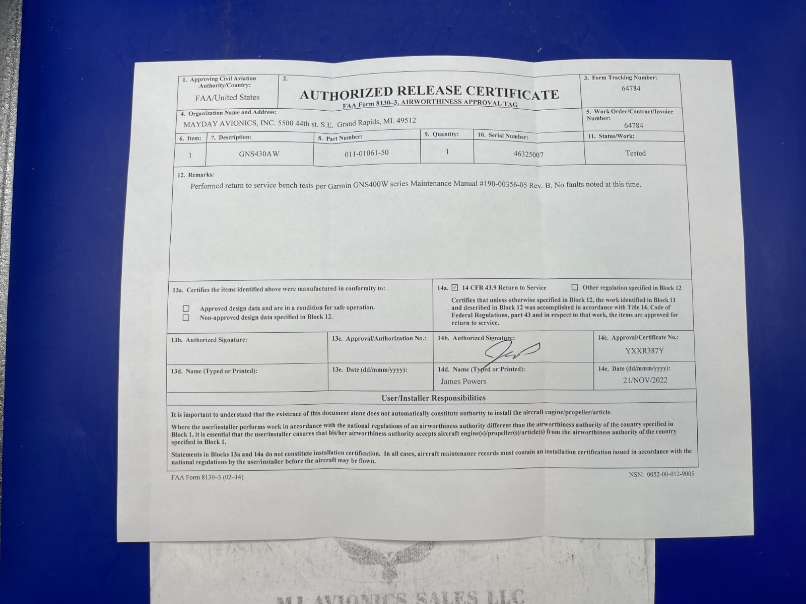 GARMIN GNS 430AW WAAS GPS/NAV/COMM 28 VDC P/N 011-01061-50 WITH FAA FORM 8130