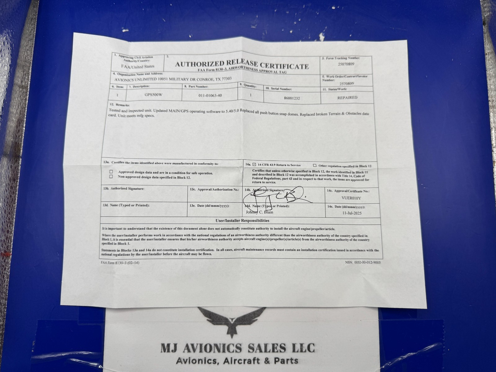 GARMIN 500W WAAS GPS 14/28 VDC P/N 011-01063-50 WITH TAWS FAA FORM 8130-3