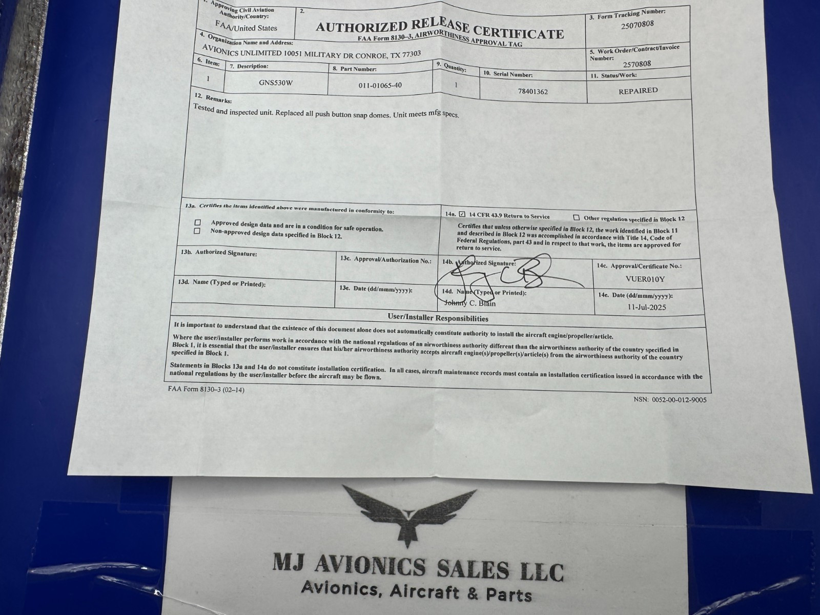 GARMIN GNS 530W WAAS GPS/NAV/COMM14/28 VDC P/N 011-01065-40 WITH TAWS FAA 8130-3