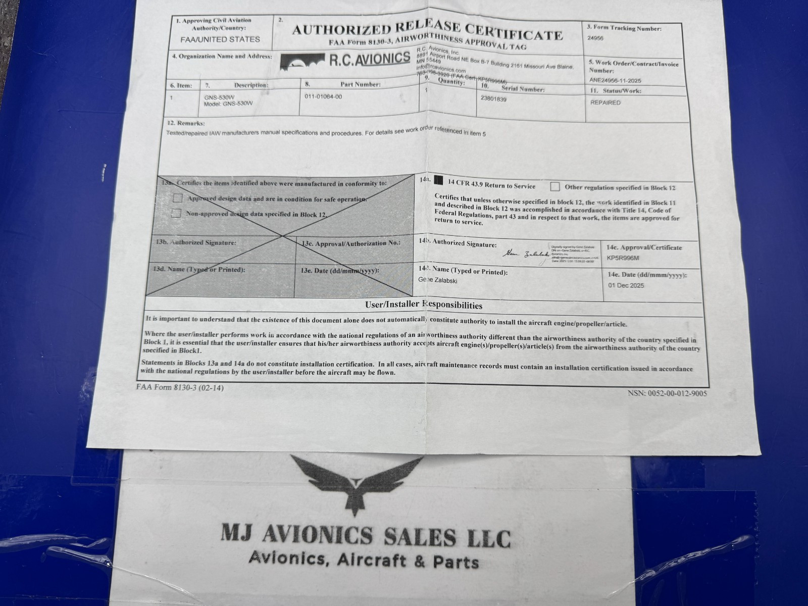 GARMIN GNS 530W WAAS GPS/NAV/COMM 14/28 VDC P/N 011-01064-00 WITH FAA FORM 8130