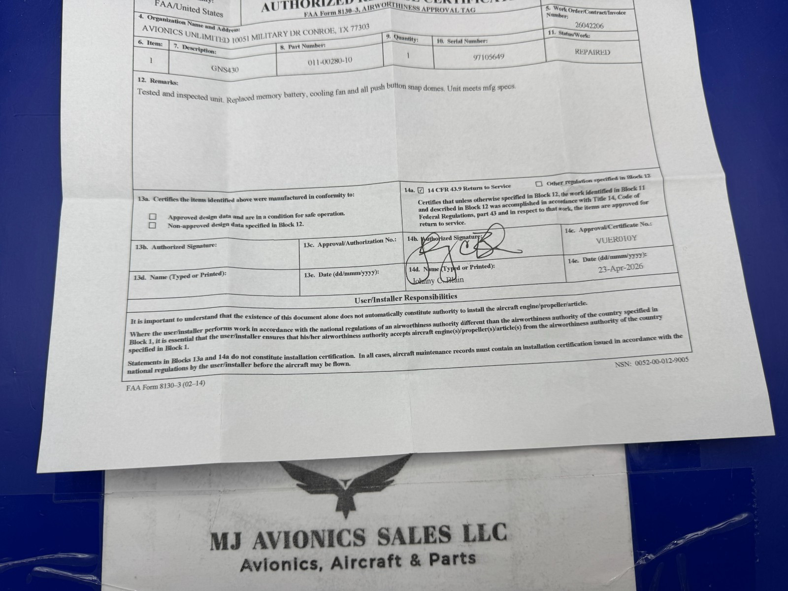 GARMIN GNS 430 GPS/NAV/COMM 14/28 VDC P/N 011-00280-10 WITH FAA FORM 8130